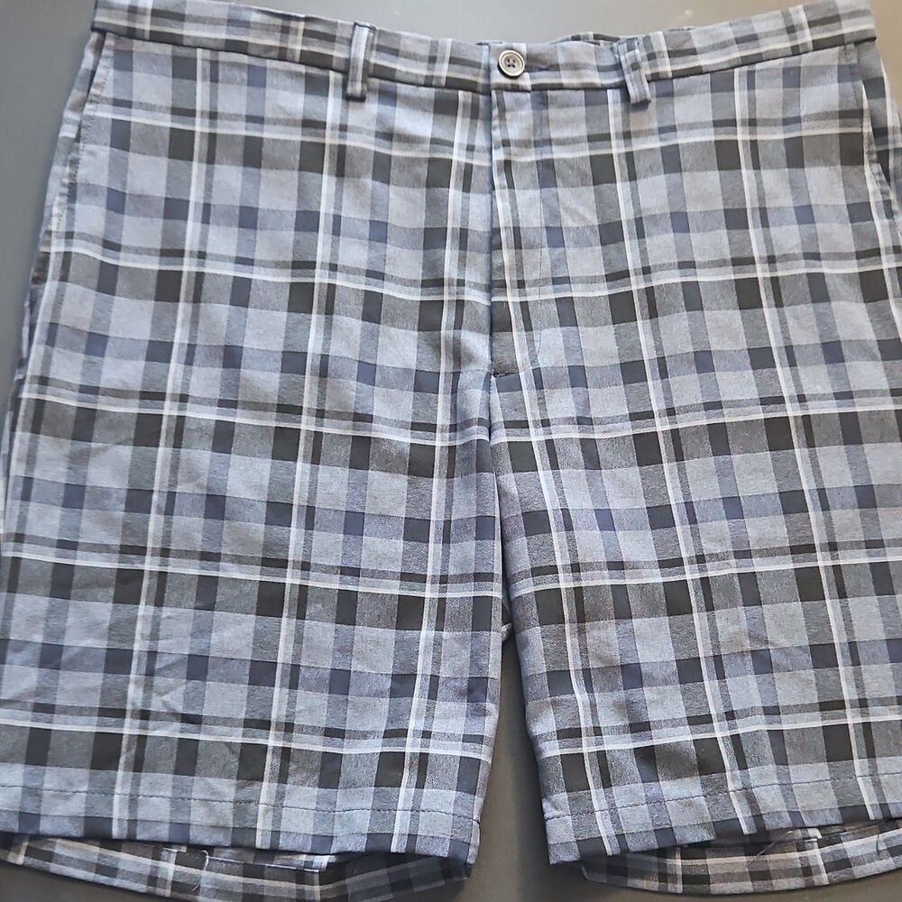 COOL 18 PRO Men's Gray Blue Plaid Polyester Flat Front Shorts Pockets